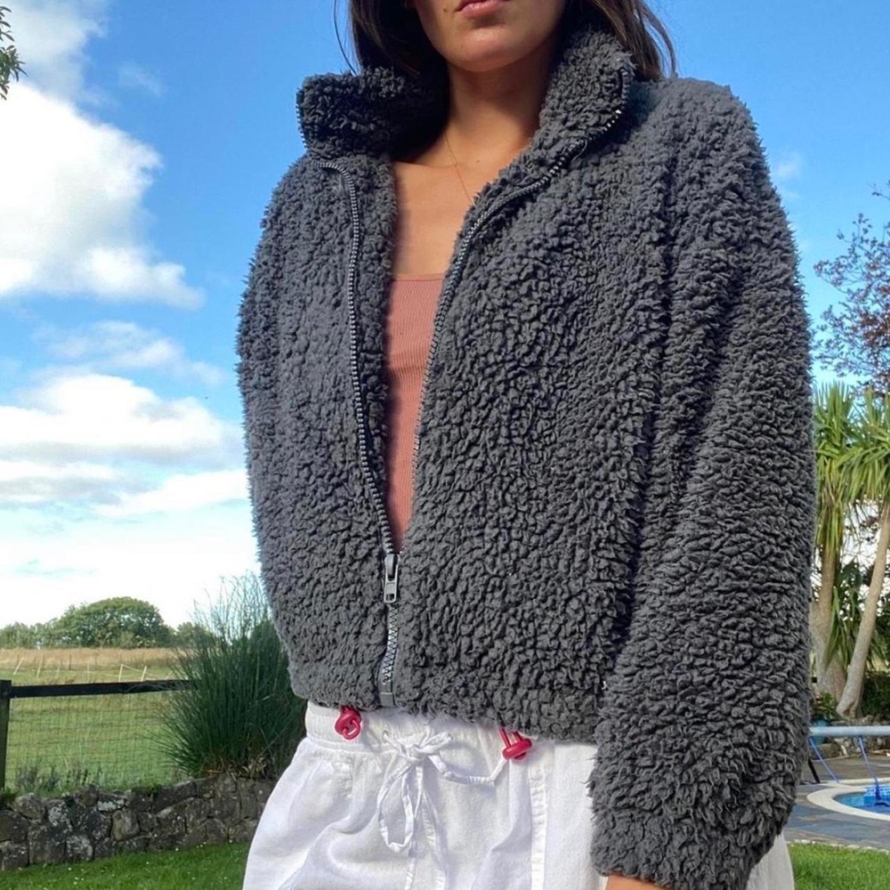 UO Willow Fuzzy Drawstring Teddy Jacket in Charcoal